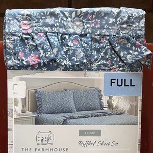 FARMHOUSE Shabby Chic RUFFLED BLUE PINK FLORAL Sheet Set FULL SIZE (blue bkgd)